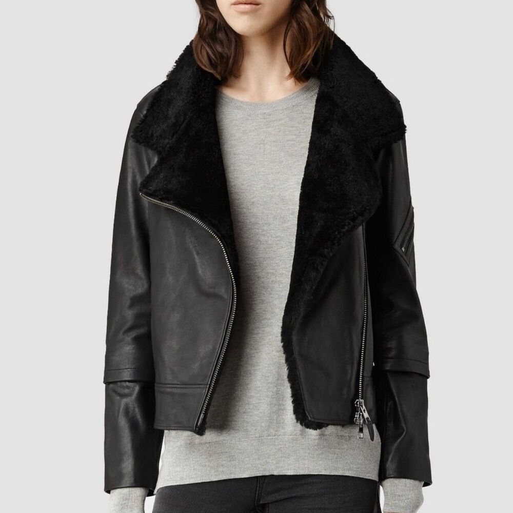 All Saints Nene Black Leather and Shearling Jacket UK14/US10
